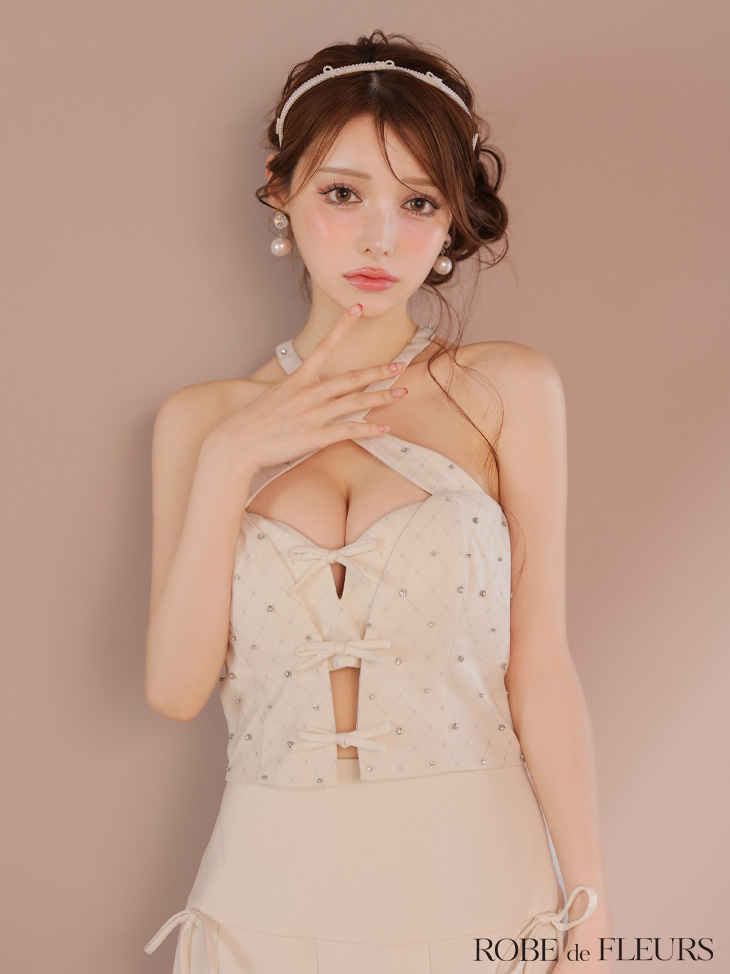 ROBE de FLEURS ローブドフルール クロスホルタービジューミニリボンセットアップキャバドレス fm4400