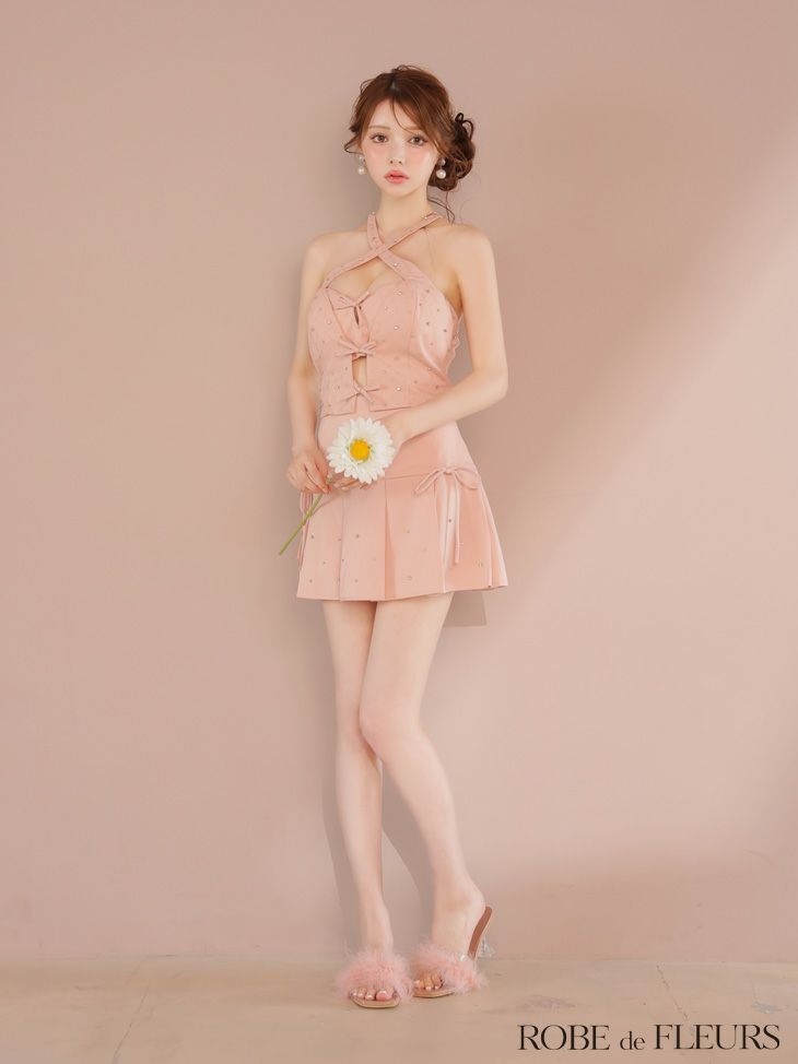 ROBE de FLEURS ローブドフルール クロスホルタービジューミニリボンセットアップキャバドレス fm4400