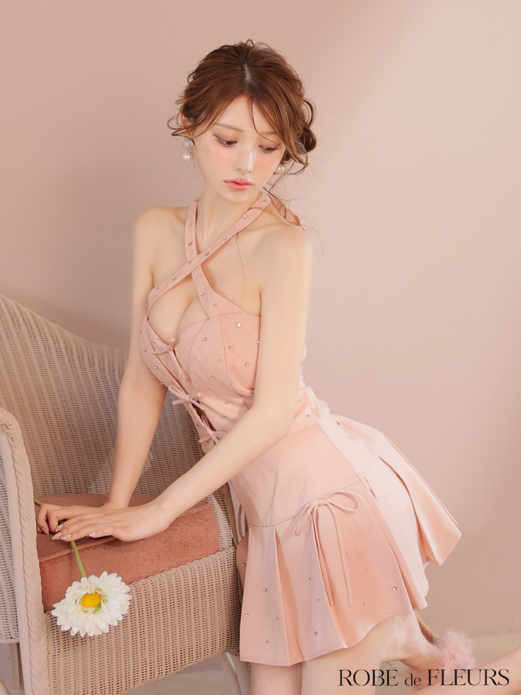 ROBE de FLEURS ローブドフルール クロスホルタービジューミニリボンセットアップキャバドレス fm4400