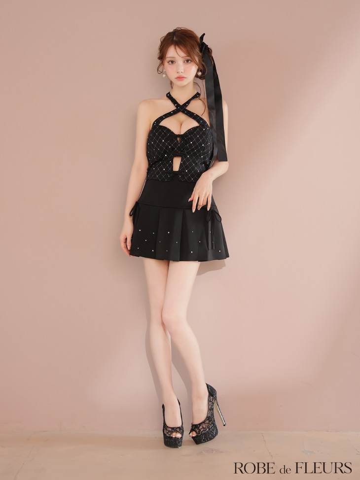 ROBE de FLEURS ローブドフルール クロスホルタービジューミニリボンセットアップキャバドレス fm4400