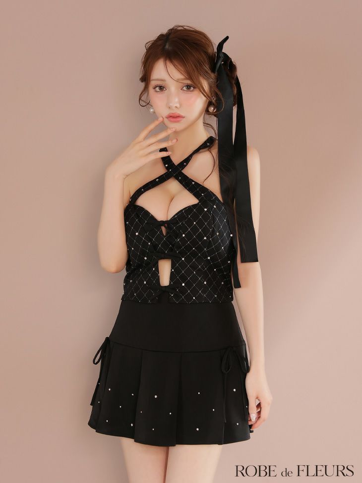 ROBE de FLEURS ローブドフルール クロスホルタービジューミニリボンセットアップキャバドレス fm4400