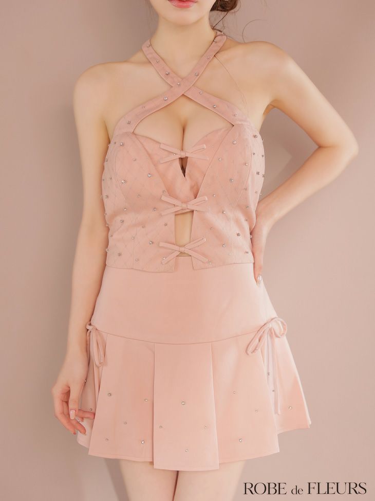 ROBE de FLEURS ローブドフルール クロスホルタービジューミニリボンセットアップキャバドレス fm4400