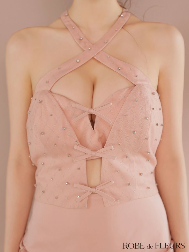 ROBE de FLEURS ローブドフルール クロスホルタービジューミニリボンセットアップキャバドレス fm4400