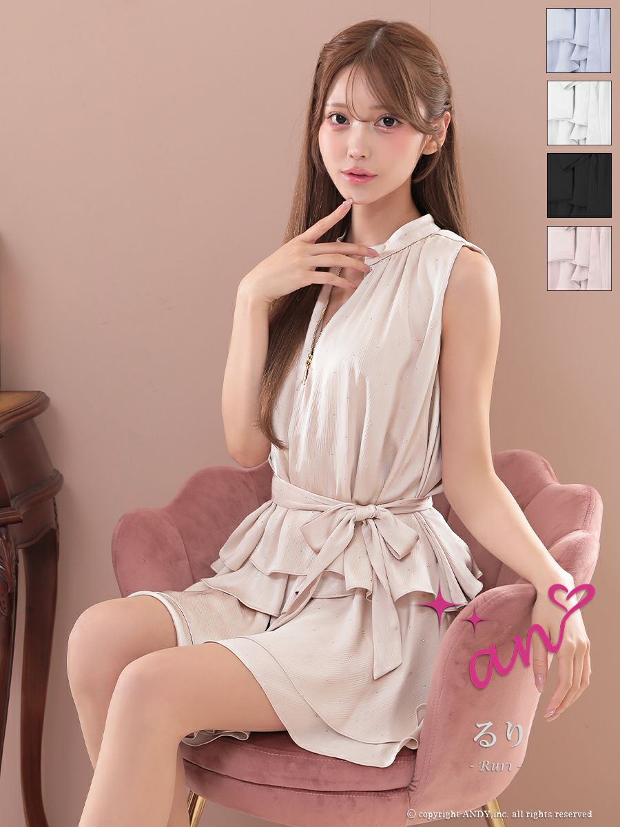 an アン ラメドット フロントジップ ウエストリボン ティアード フレア ミニドレス aoc-3946
