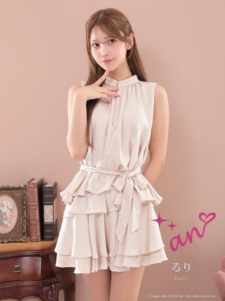 an アン ラメドット フロントジップ ウエストリボン ティアード フレア ミニドレス aoc-3946