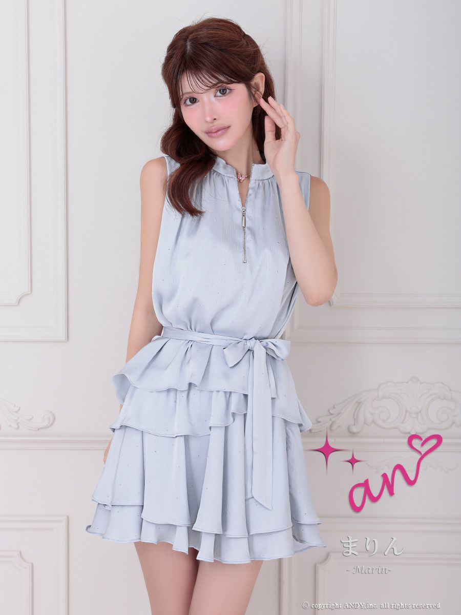 an アン ラメドット フロントジップ ウエストリボン ティアード フレア ミニドレス aoc-3946
