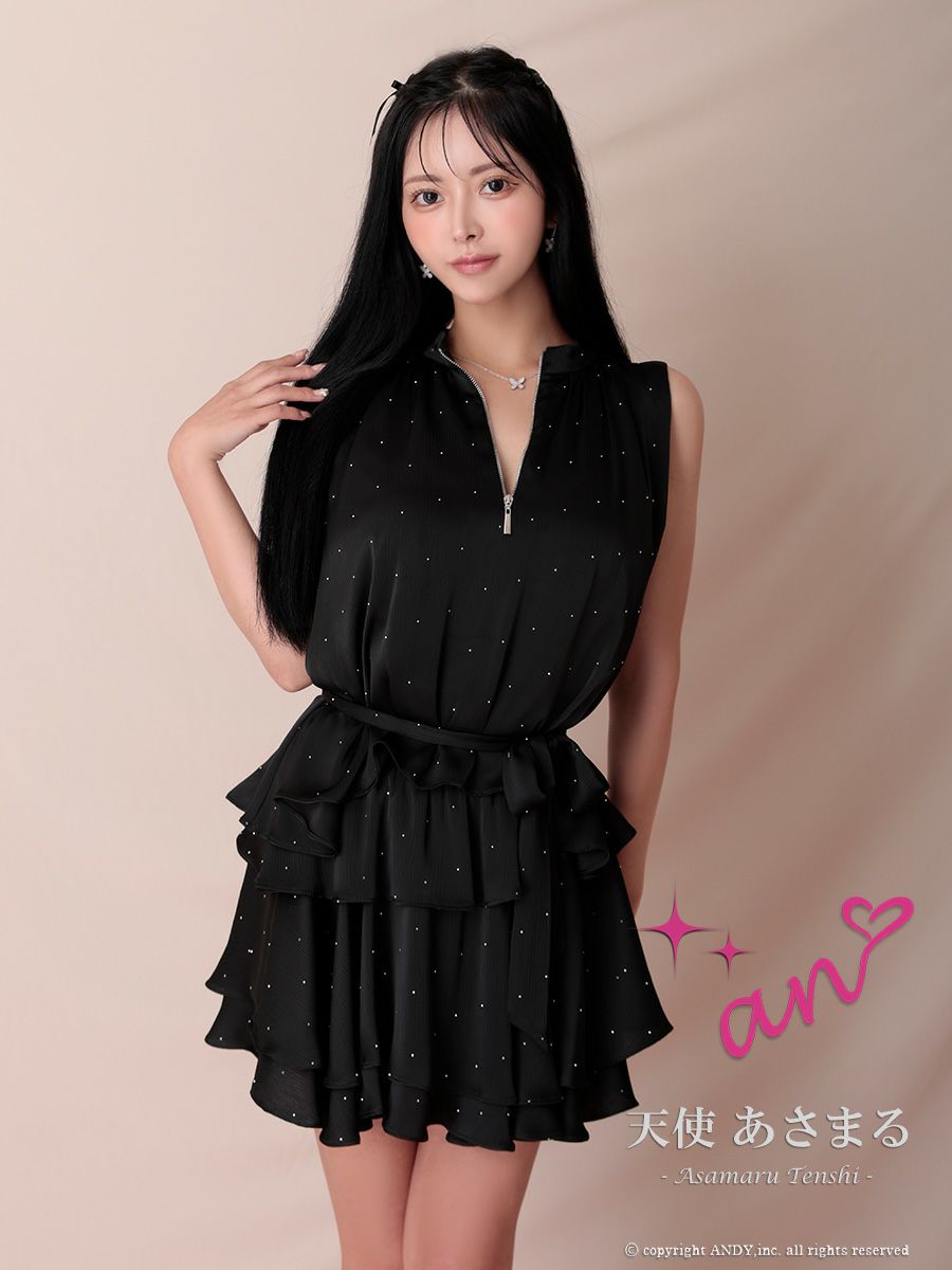 an アン ラメドット フロントジップ ウエストリボン ティアード フレア ミニドレス aoc-3946