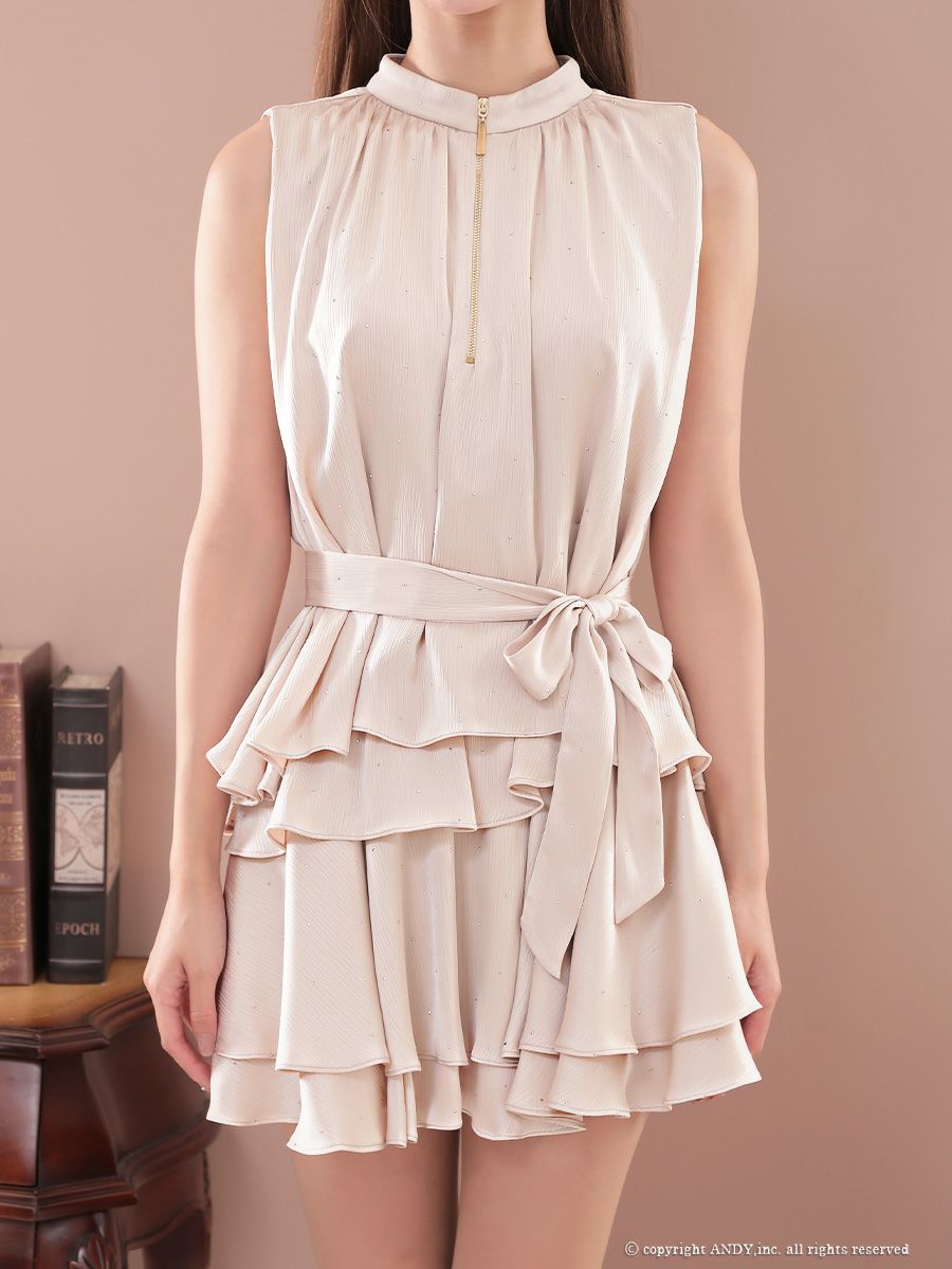 an アン ラメドット フロントジップ ウエストリボン ティアード フレア ミニドレス aoc-3946