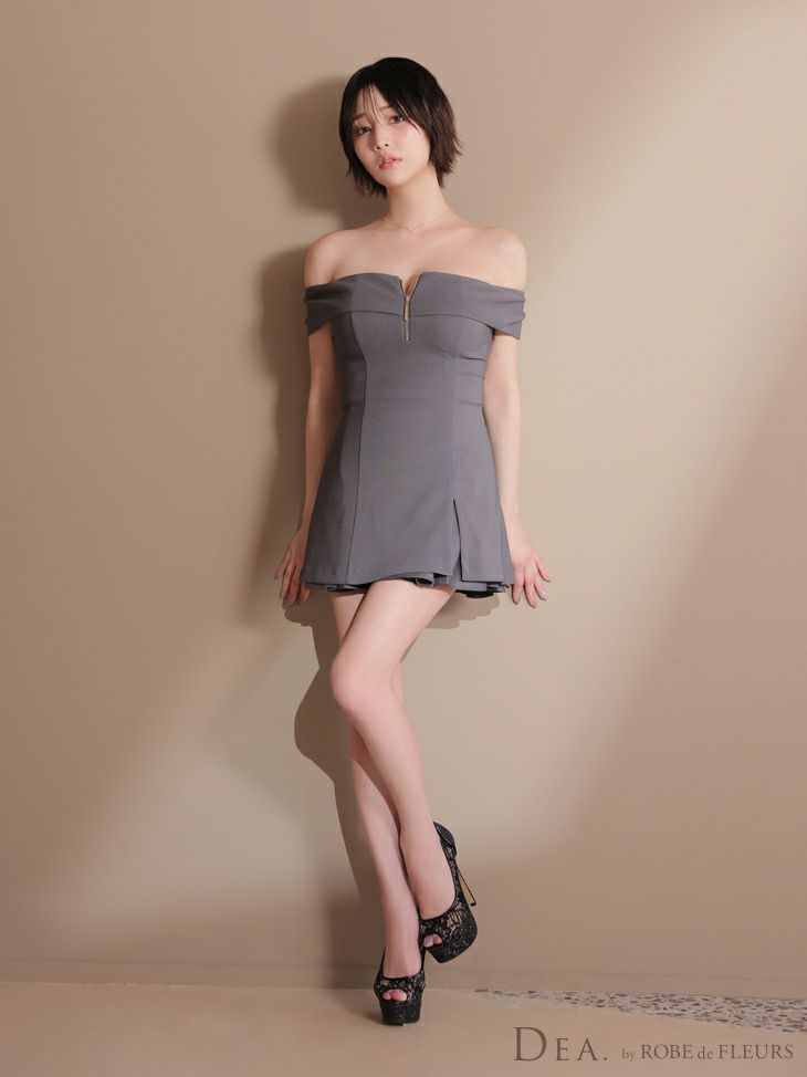 DEA. ディア バイ ローブドフルール バストジップオフショルセットアップフレアミニキャバドレス de4217