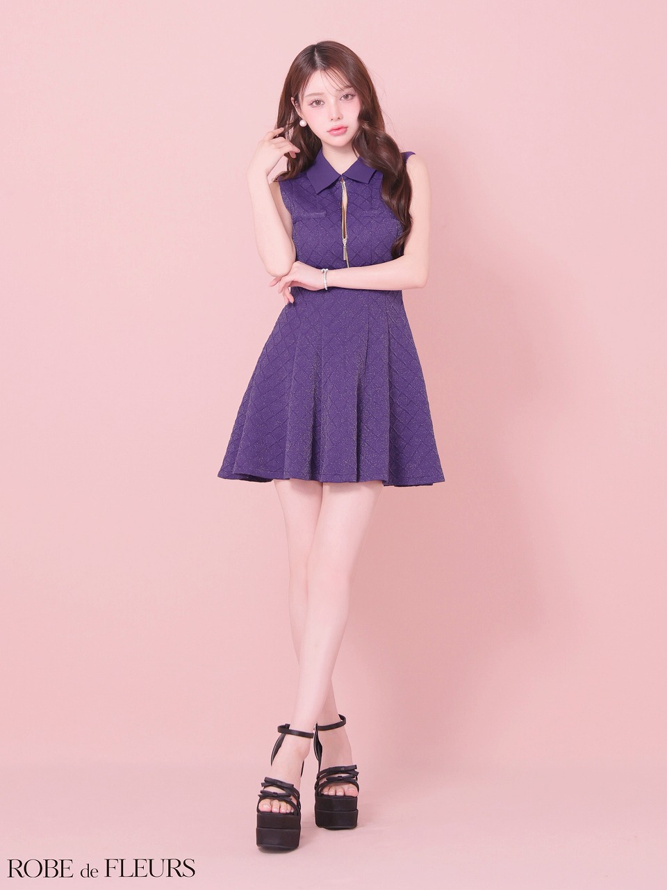 ROBE de FLEURS ローブドフルール 襟付きシンプルラメフレアミニキャバドレス fm4212