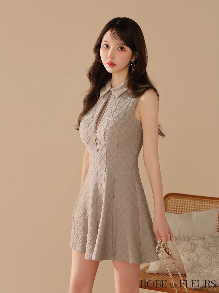 ROBE de FLEURS ローブドフルール 襟付きシンプルラメフレアミニキャバドレス fm4212