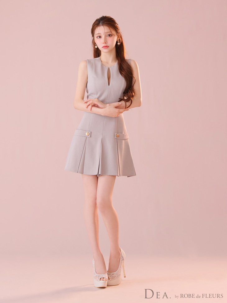 DEA. ディア バイ ローブドフルール グレージュ シンプルサイドベルトモチーフノースリーブプリーツミニキャバドレス de3362-6