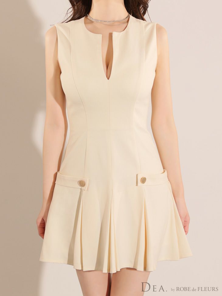 DEA. ディア バイ ローブドフルール グレージュ シンプルサイドベルトモチーフノースリーブプリーツミニキャバドレス de3362-6