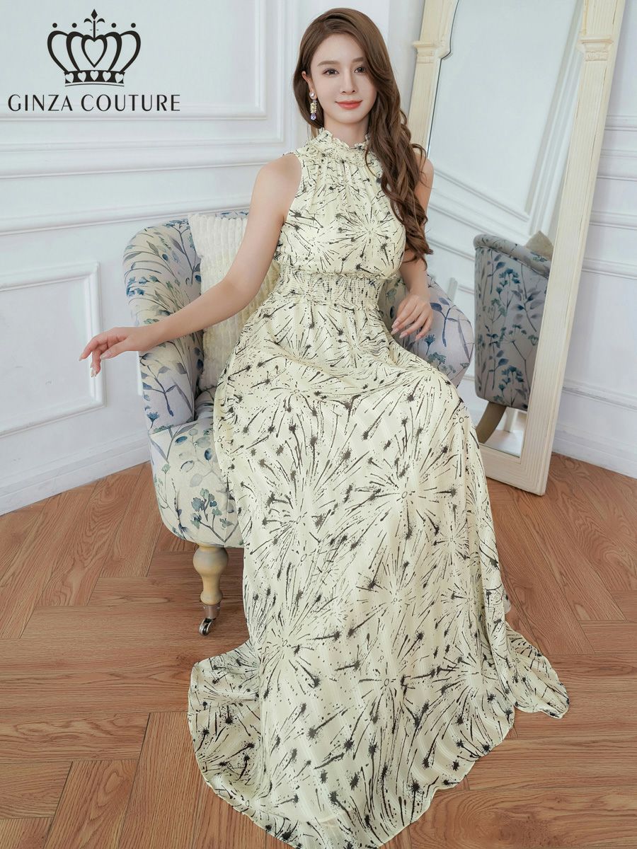 ERUKEI エルケイ ベージュ・首元フリル・金糸・シフォン・ウエストマーク・マキシ・ノースリーブ ・Aライン・ロングドレス ek-c23165