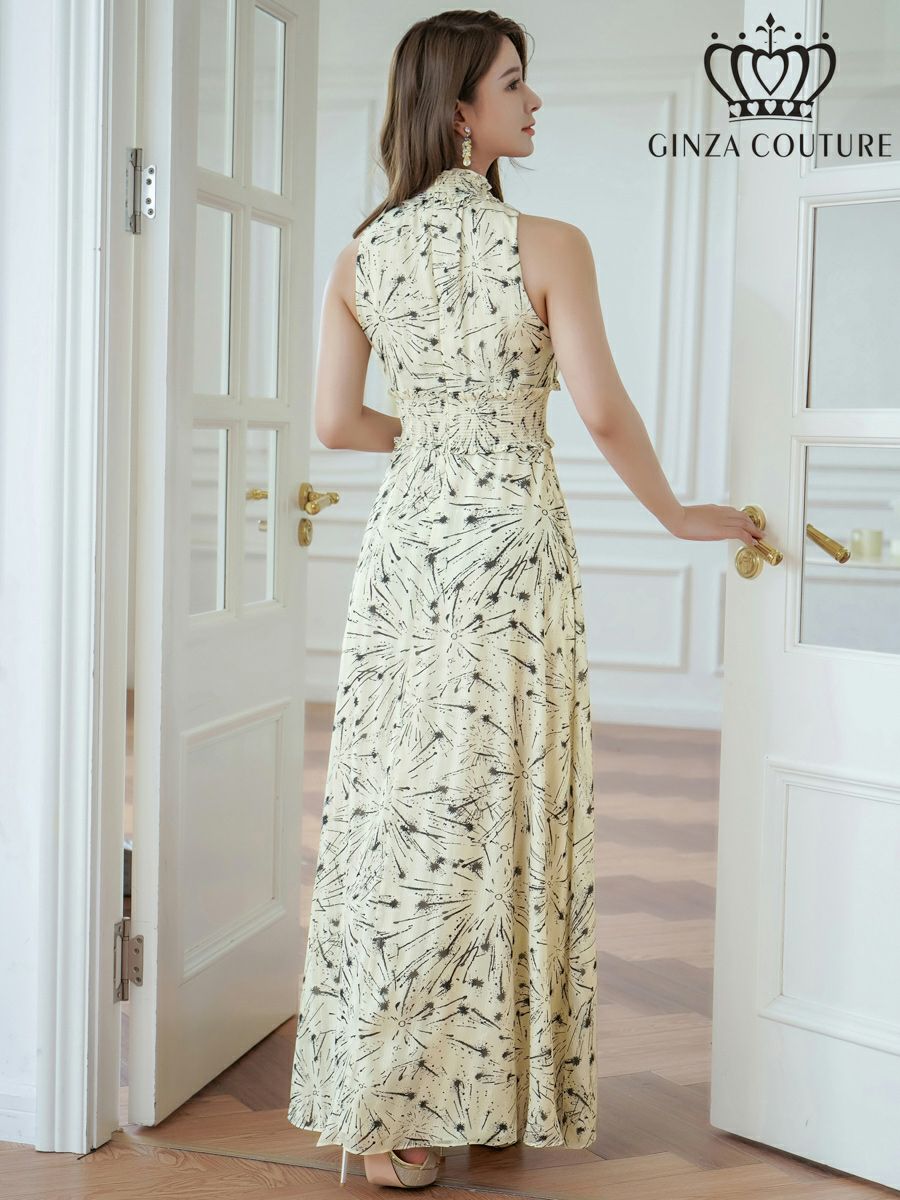 ERUKEI エルケイ ベージュ・首元フリル・金糸・シフォン・ウエストマーク・マキシ・ノースリーブ ・Aライン・ロングドレス ek-c23165