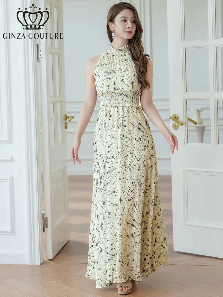 ERUKEI エルケイ ベージュ・首元フリル・金糸・シフォン・ウエストマーク・マキシ・ノースリーブ ・Aライン・ロングドレス ek-c23165