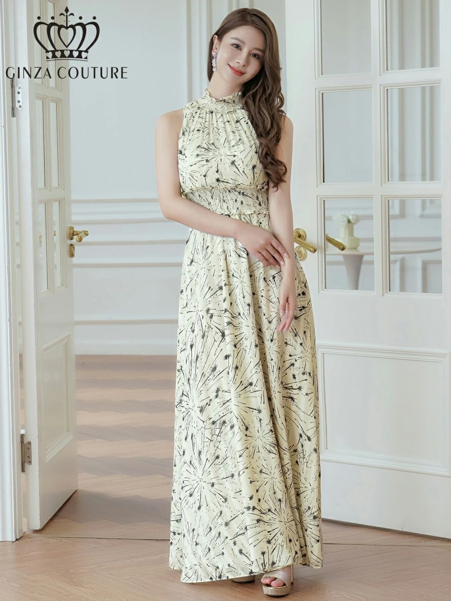 ERUKEI エルケイ ベージュ・首元フリル・金糸・シフォン・ウエストマーク・マキシ・ノースリーブ ・Aライン・ロングドレス ek-c23165