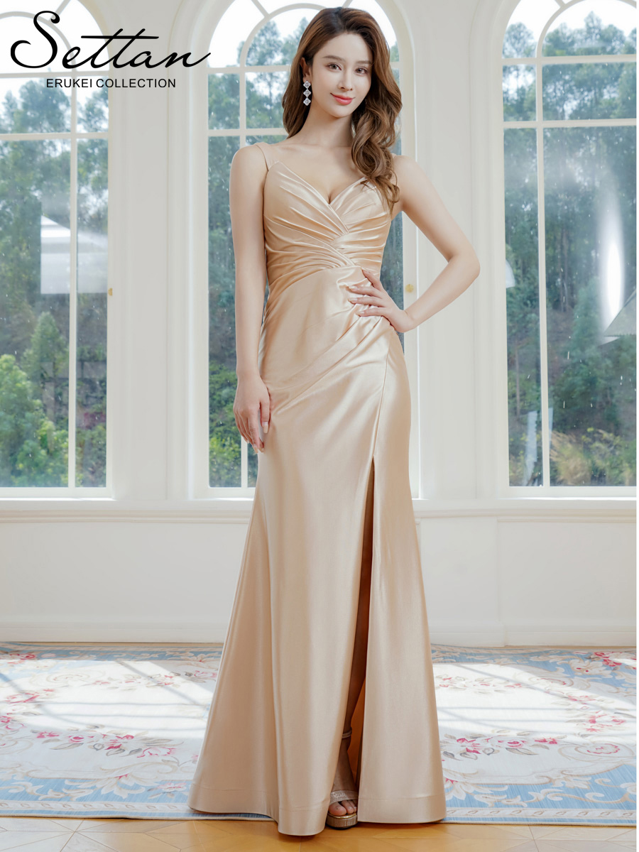 ERUKEI エルケイ ベージュ・ノースリーブ・キャミソール・シンプル・セクシー・キャザー・サテン・スリット・Aライン・ロングドレス ek-s37117