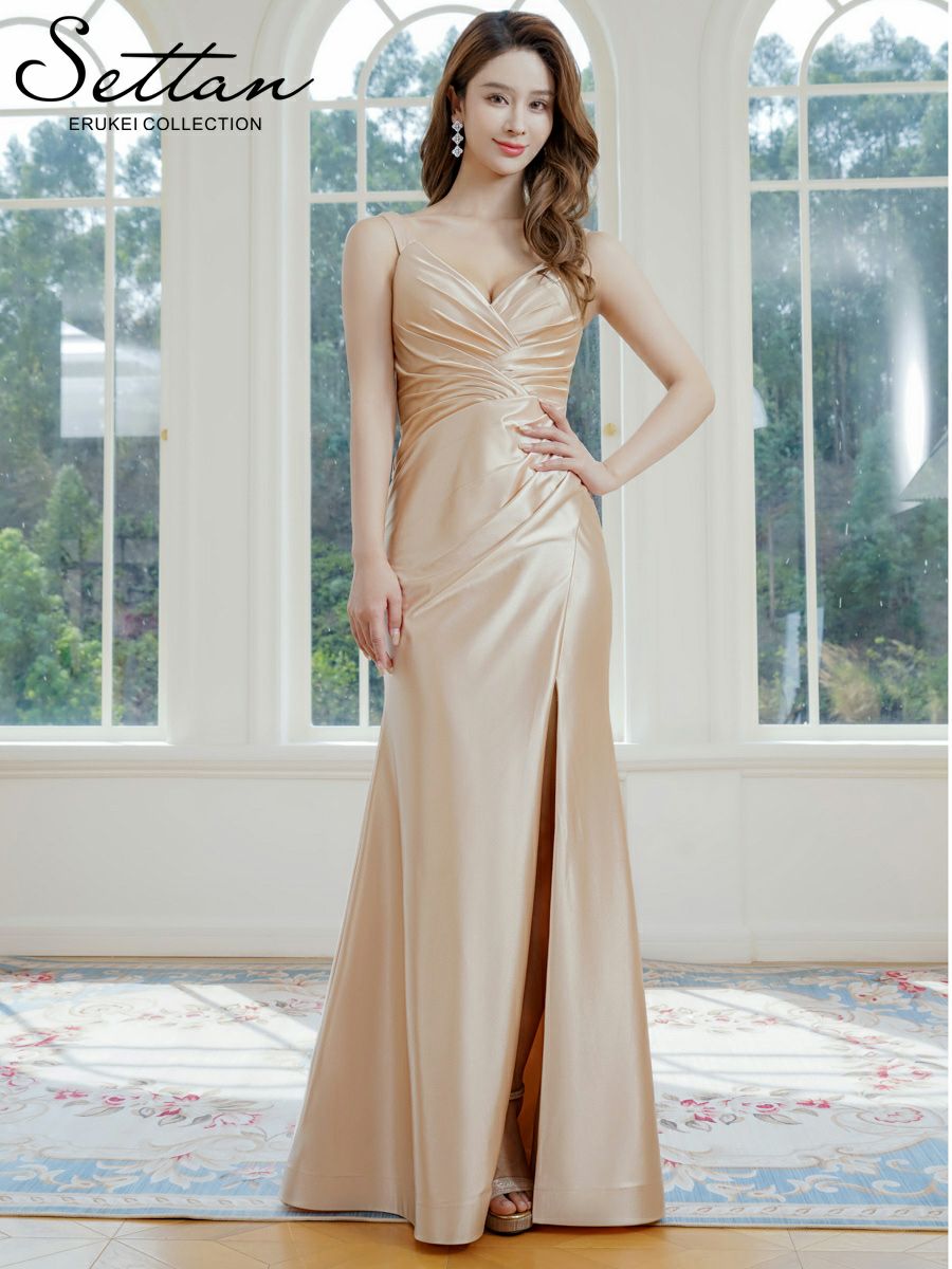 ERUKEI エルケイ ベージュ・ノースリーブ・キャミソール・シンプル・セクシー・キャザー・サテン・スリット・Aライン・ロングドレス ek-s37117