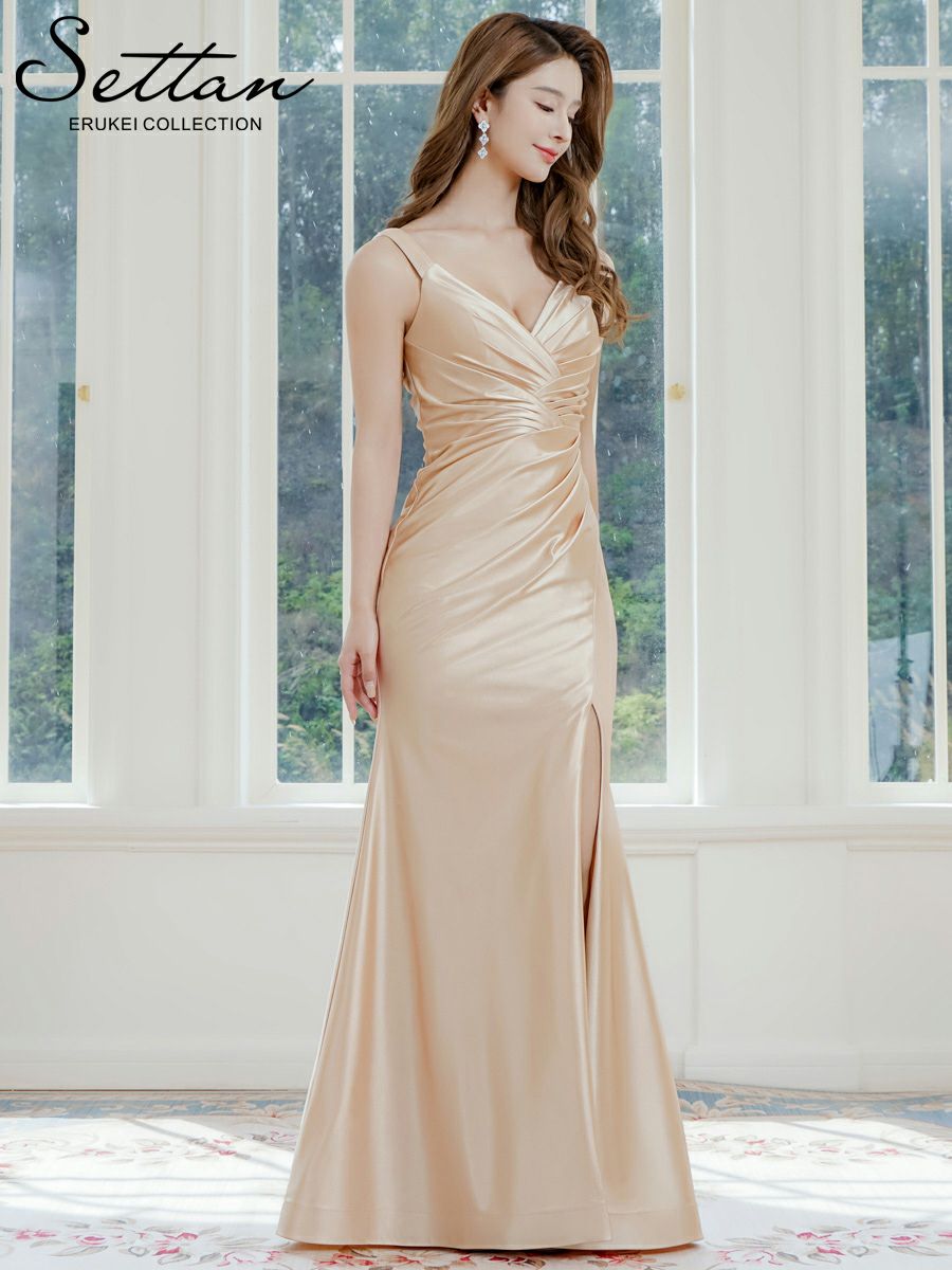 ERUKEI エルケイ ベージュ・ノースリーブ・キャミソール・シンプル・セクシー・キャザー・サテン・スリット・Aライン・ロングドレス ek-s37117