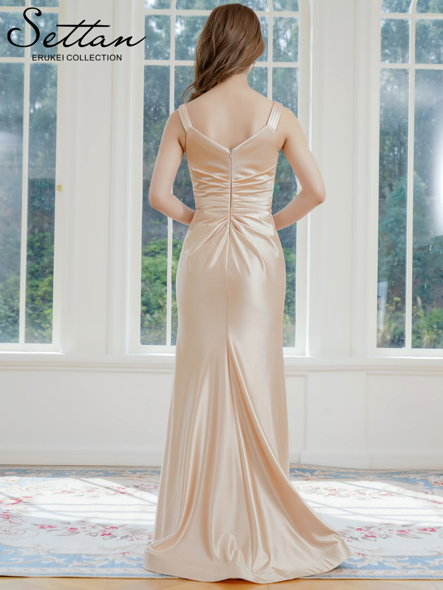 ERUKEI エルケイ ベージュ・ノースリーブ・キャミソール・シンプル・セクシー・キャザー・サテン・スリット・Aライン・ロングドレス ek-s37117