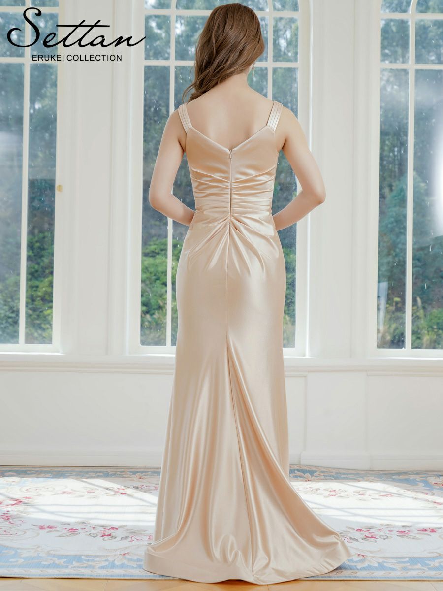 ERUKEI エルケイ ベージュ・ノースリーブ・キャミソール・シンプル・セクシー・キャザー・サテン・スリット・Aライン・ロングドレス ek-s37117