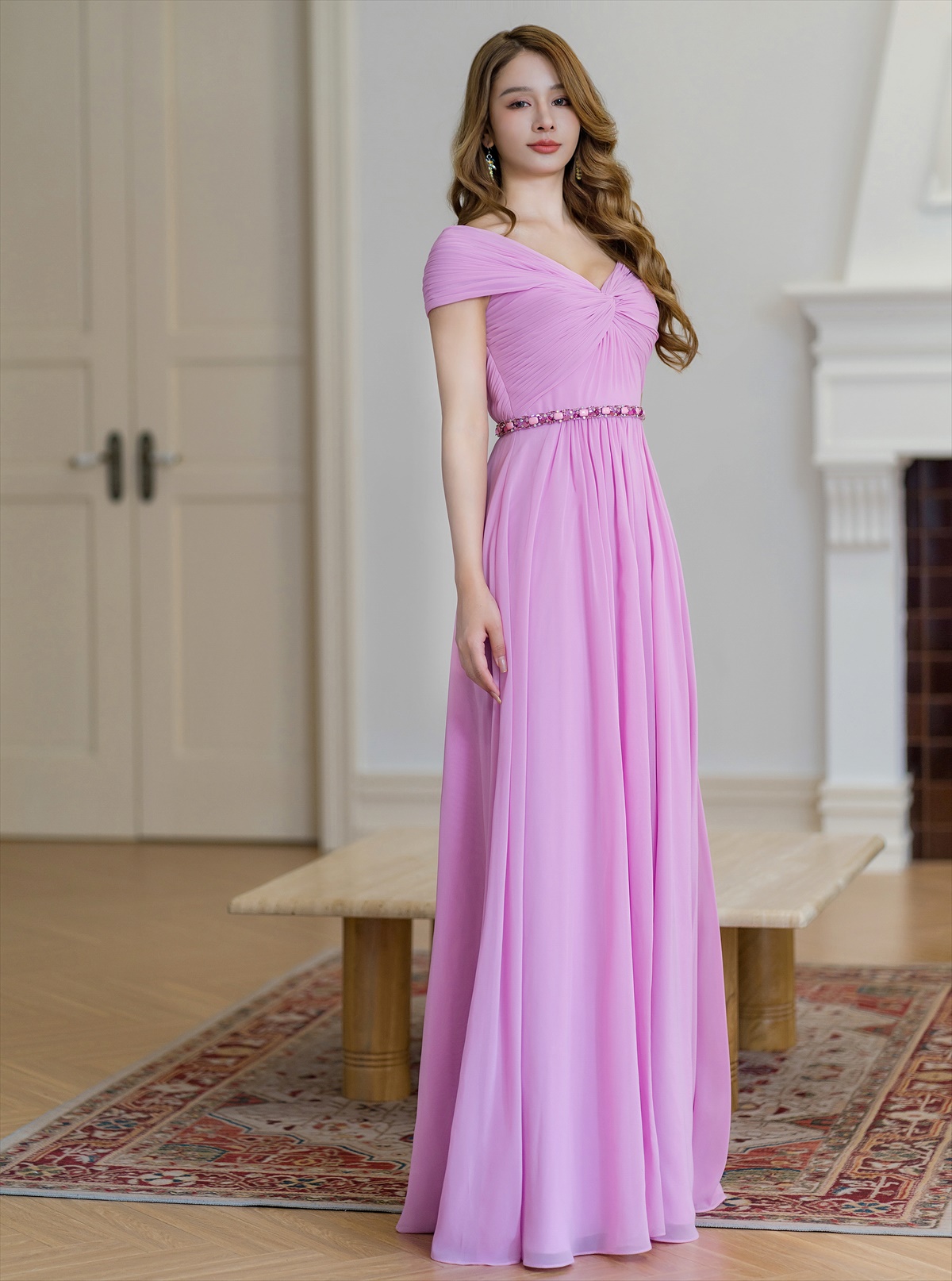 ERUKEI エルケイ シフォン・ビジュー・シンプル・Aライン・ロングドレス ek-s36105