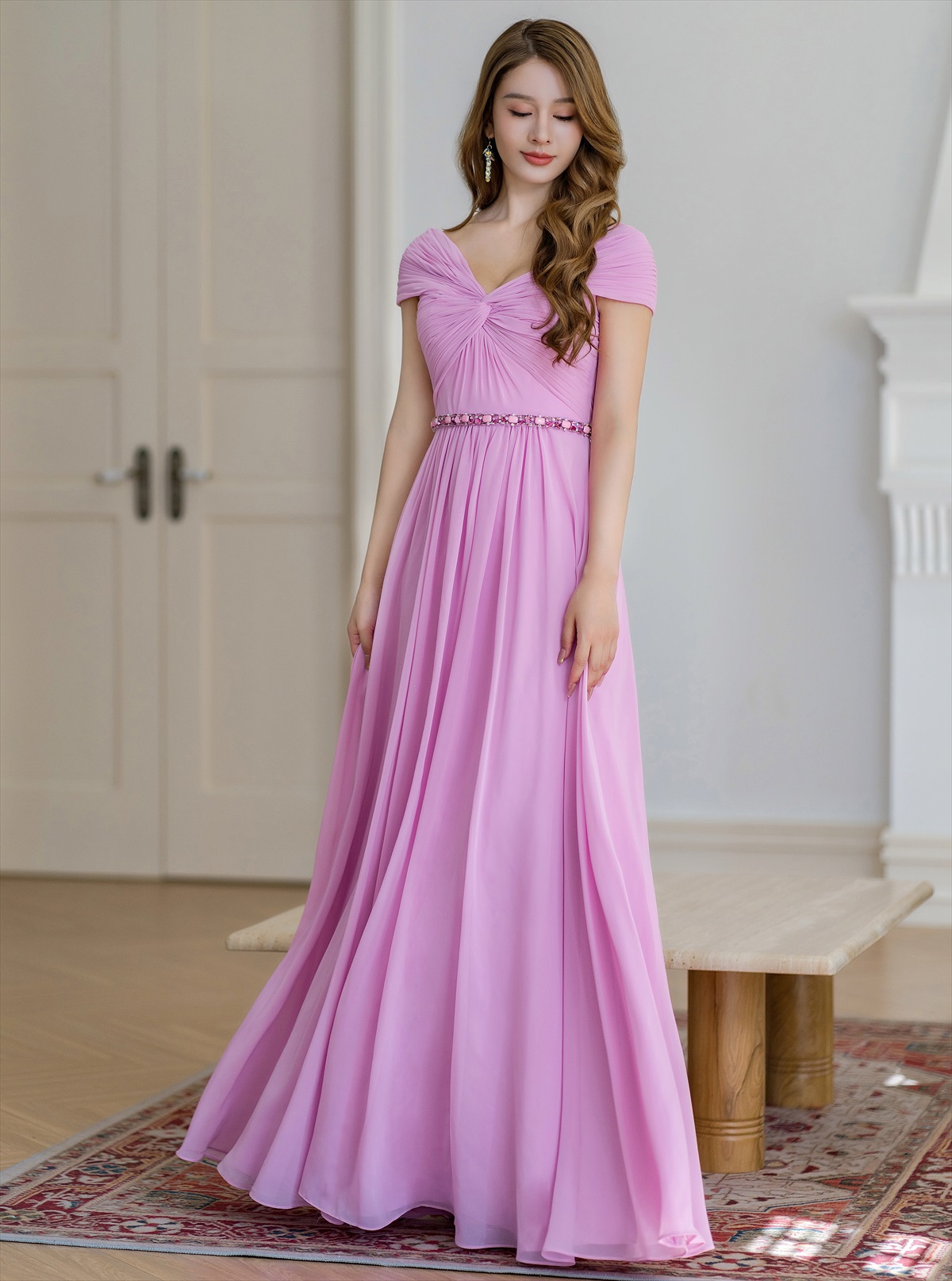 ERUKEI エルケイ シフォン・ビジュー・シンプル・Aライン・ロングドレス ek-s36105