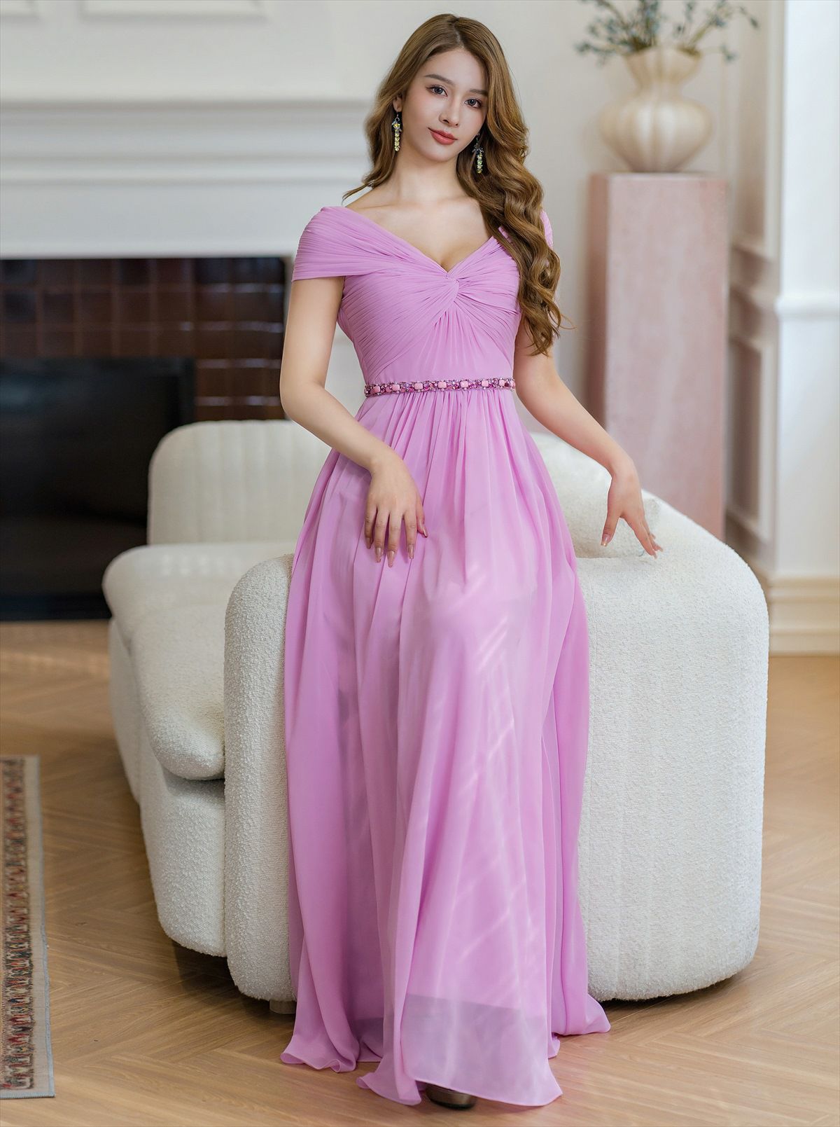 ERUKEI エルケイ シフォン・ビジュー・シンプル・Aライン・ロングドレス ek-s36105