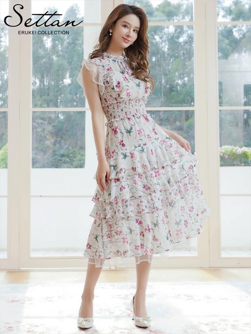 ERUKEI エルケイ パープル×グリーン・花柄・プリント・シフォン・ティアード・フリル・プチハイネック・Aライン・ミディアムドレス・ワンピース ek-s101208