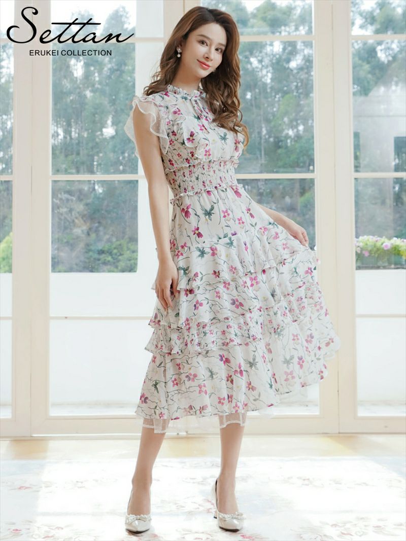 ERUKEI エルケイ パープル×グリーン・花柄・プリント・シフォン・ティアード・フリル・プチハイネック・Aライン・ミディアムドレス・ワンピース ek-s101208