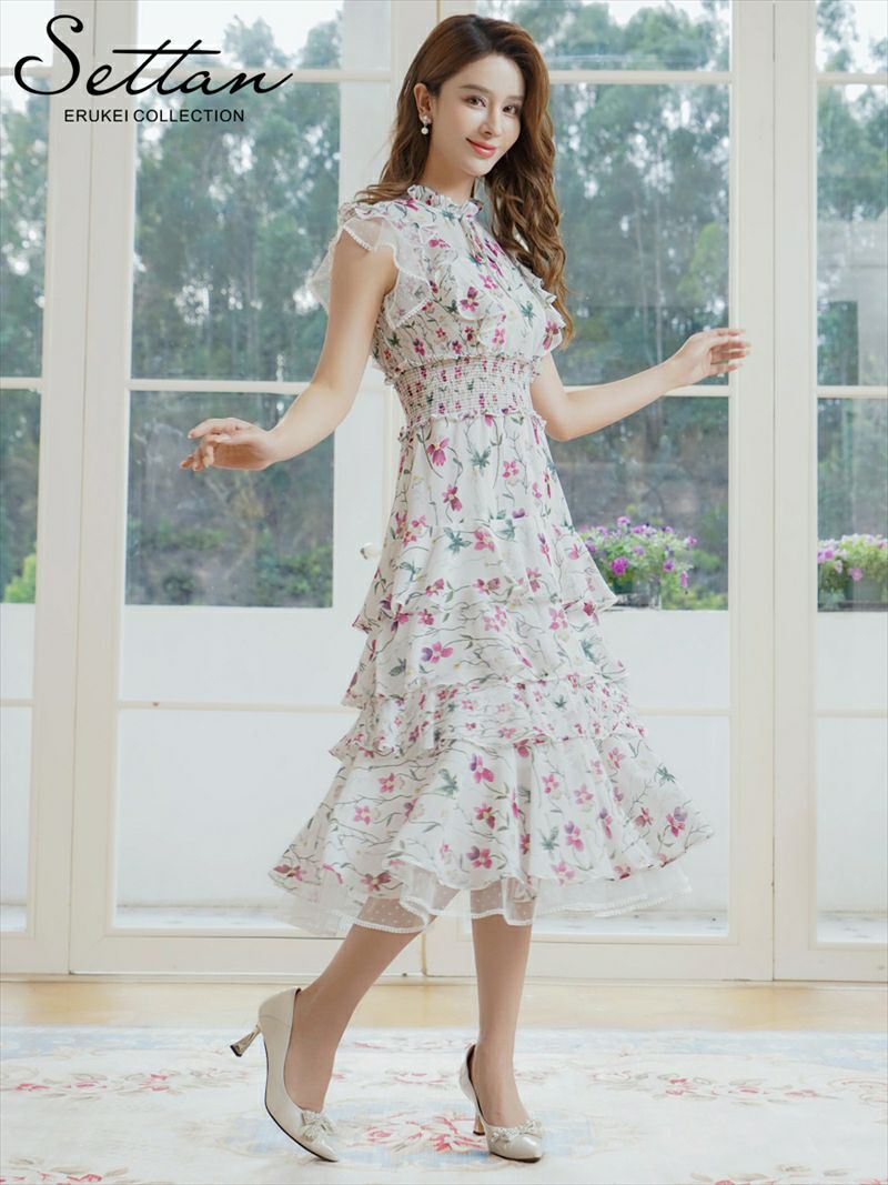 ERUKEI エルケイ パープル×グリーン・花柄・プリント・シフォン・ティアード・フリル・プチハイネック・Aライン・ミディアムドレス・ワンピース ek-s101208