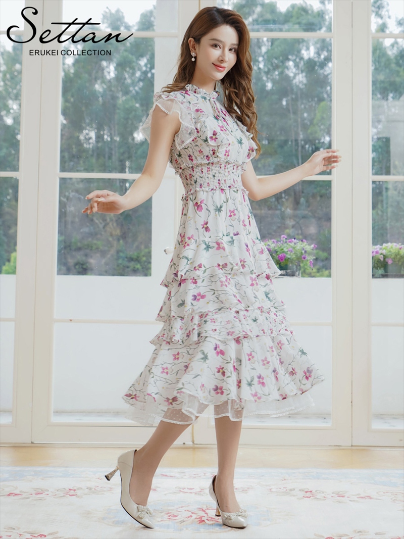 ERUKEI エルケイ パープル×グリーン・花柄・プリント・シフォン・ティアード・フリル・プチハイネック・Aライン・ミディアムドレス・ワンピース ek-s101208