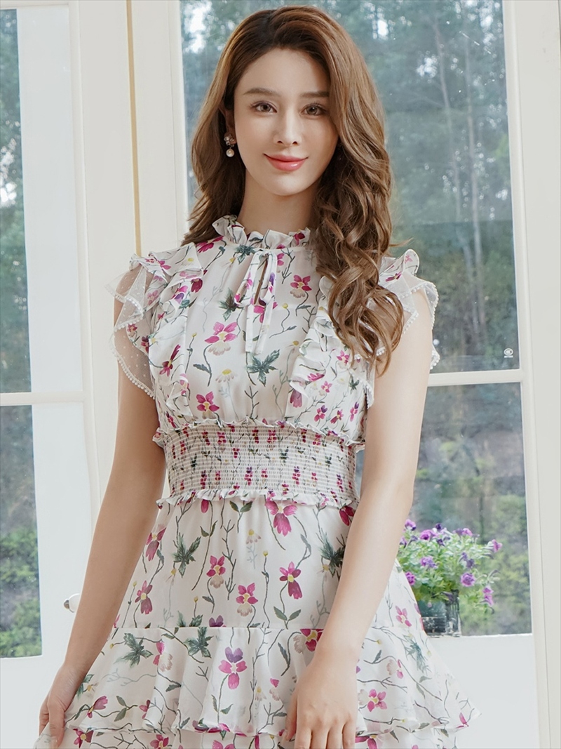 ERUKEI エルケイ パープル×グリーン・花柄・プリント・シフォン・ティアード・フリル・プチハイネック・Aライン・ミディアムドレス・ワンピース ek-s101208