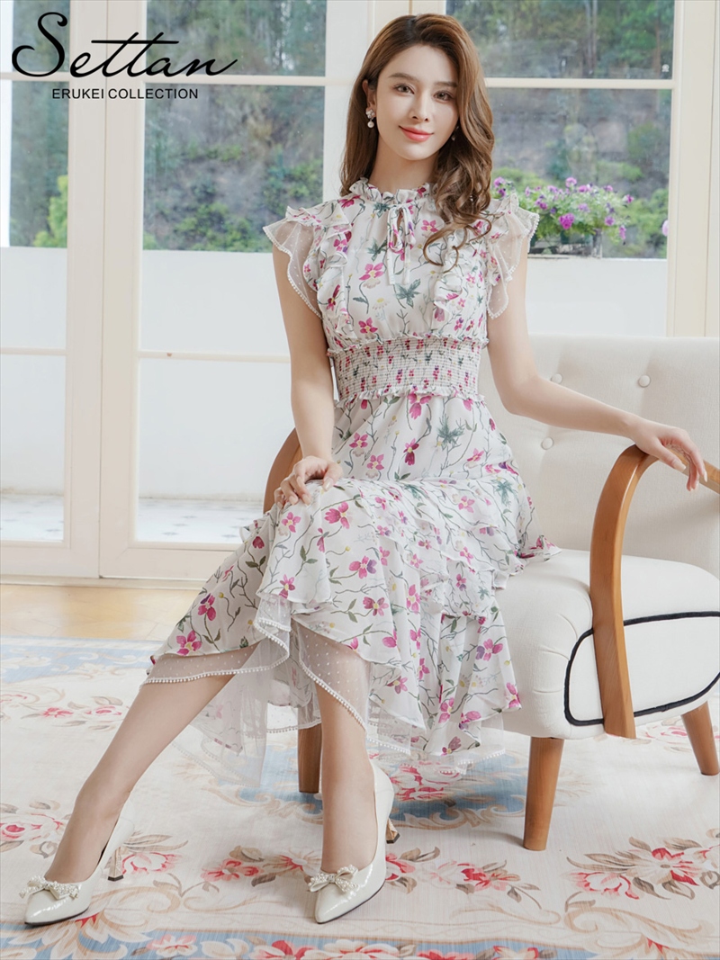 ERUKEI エルケイ パープル×グリーン・花柄・プリント・シフォン・ティアード・フリル・プチハイネック・Aライン・ミディアムドレス・ワンピース ek-s101208