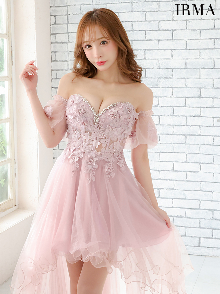 IRMA イルマ フラワーモチーフ/オフショル/パフスリーブ付き/チュール/前ミニ/ロングドレス ir41567-c
