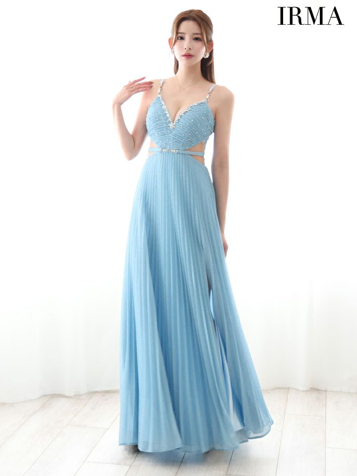 IRMA イルマ ラメニット/パールチェーンショルダー/ウエストカット/ベルトデザイン/ビジュー/プリーツ/ロングドレス ir51879-c