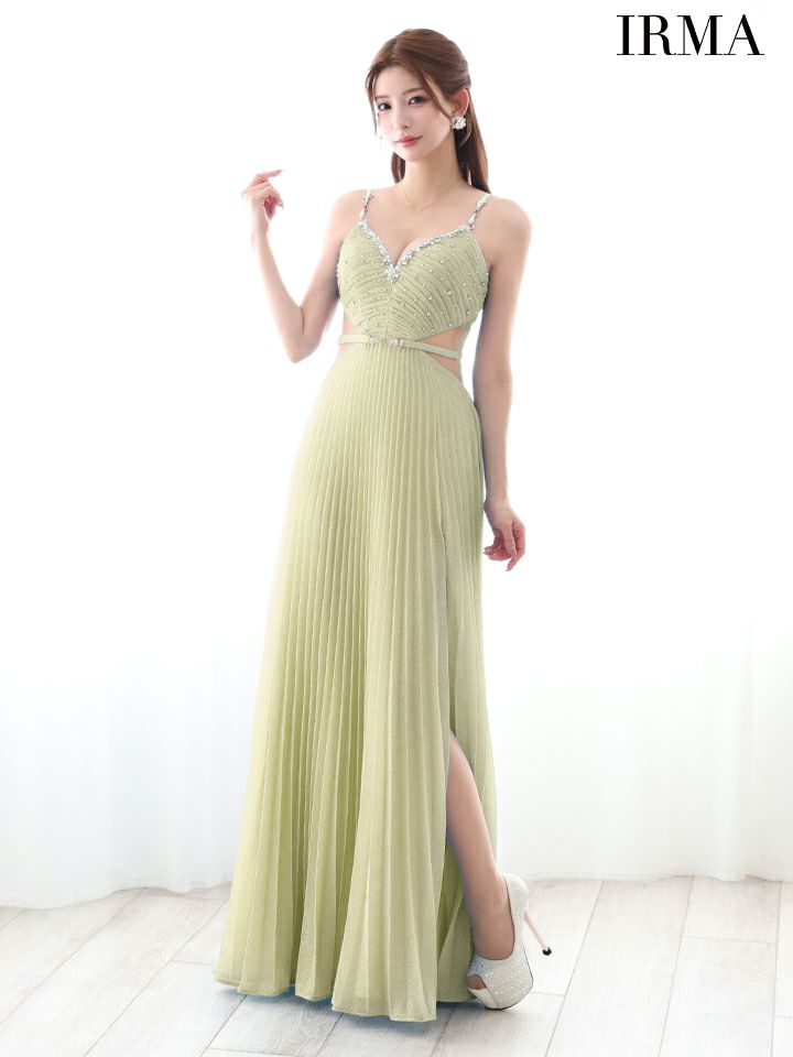 IRMA イルマ ラメニット/パールチェーンショルダー/ウエストカット/ベルトデザイン/ビジュー/プリーツ/ロングドレス ir51879-c