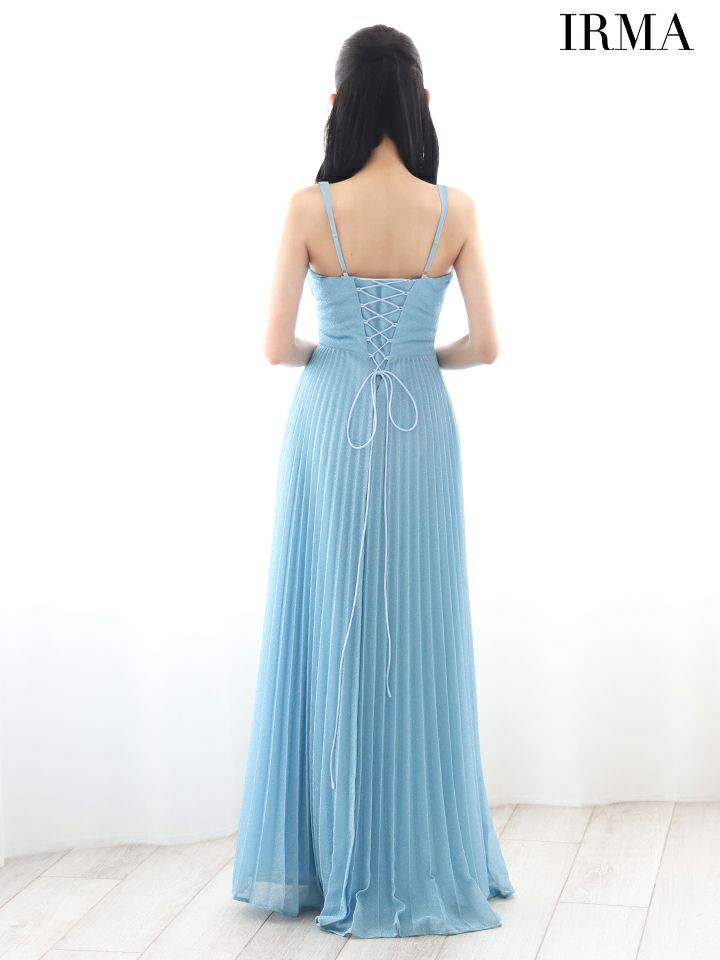 IRMA イルマ ラメニット/パールチェーンショルダー/ウエストカット/ベルトデザイン/ビジュー/プリーツ/ロングドレス ir51879-c