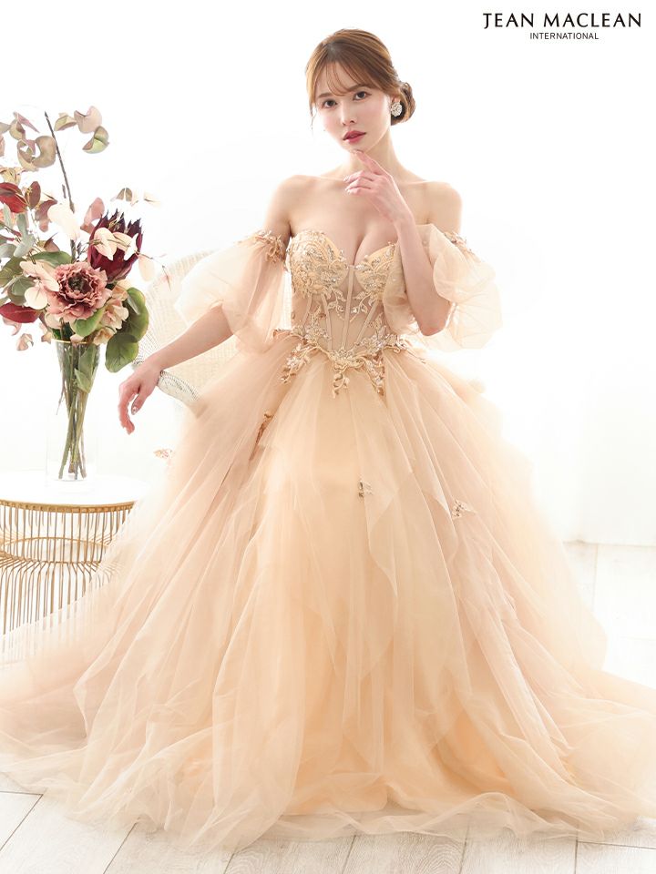 JEAN MACLEAN ジャンマクレーン ワンカラー/コルセット/ビジュー刺繍/チューリップスリーブ/姫/ロングドレス ja51884-c