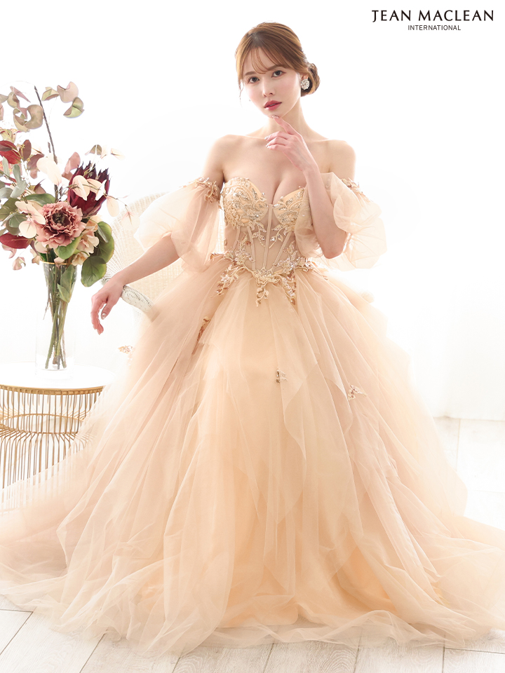 JEAN MACLEAN ジャンマクレーン ワンカラー/コルセット/ビジュー刺繍/チューリップスリーブ/姫/ロングドレス ja51884-c