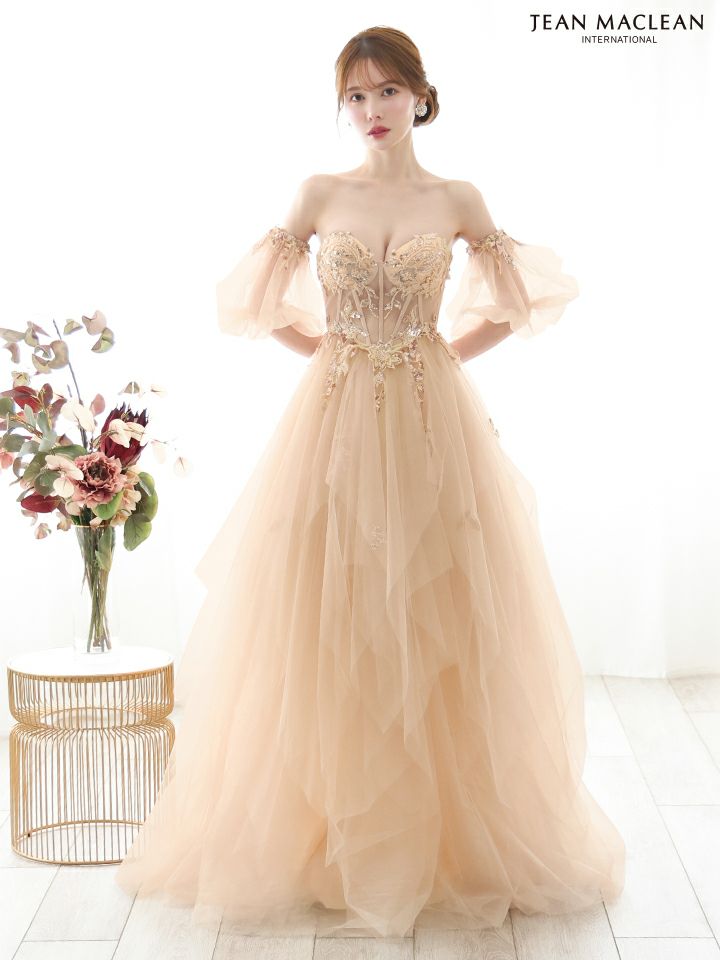 JEAN MACLEAN ジャンマクレーン ワンカラー/コルセット/ビジュー刺繍/チューリップスリーブ/姫/ロングドレス ja51884-c