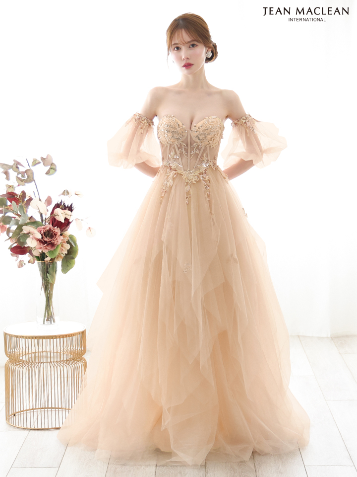 JEAN MACLEAN ジャンマクレーン ワンカラー/コルセット/ビジュー刺繍/チューリップスリーブ/姫/ロングドレス ja51884-c