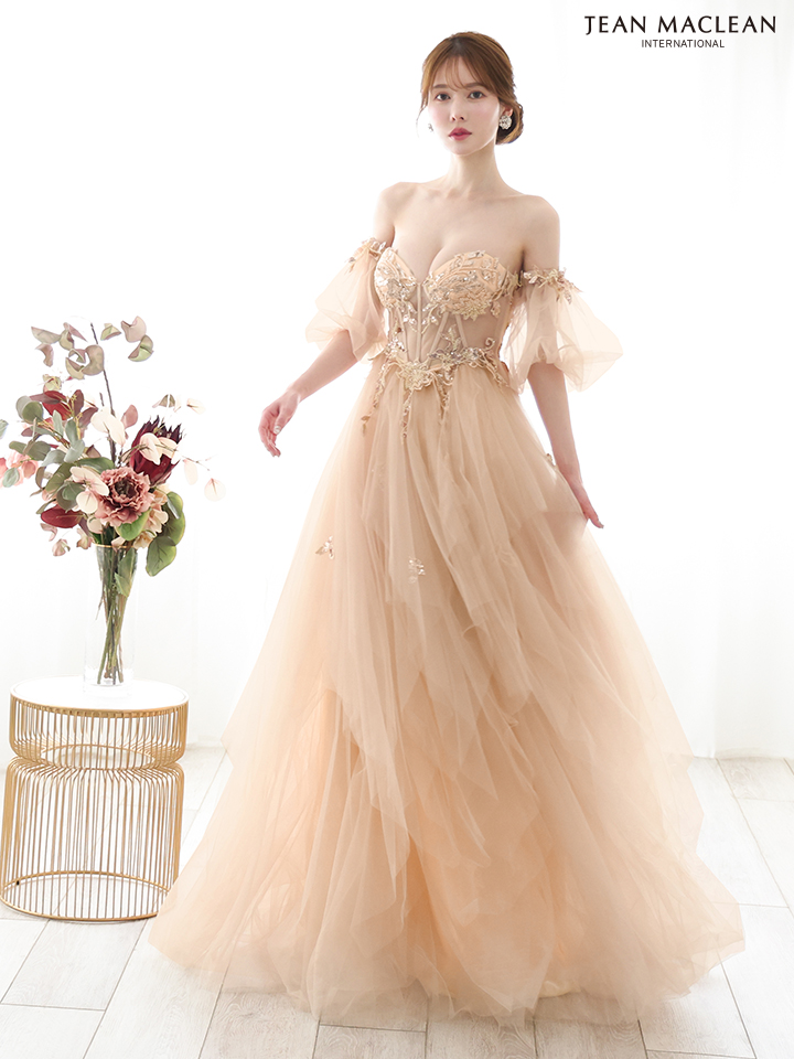 JEAN MACLEAN ジャンマクレーン ワンカラー/コルセット/ビジュー刺繍/チューリップスリーブ/姫/ロングドレス ja51884-c