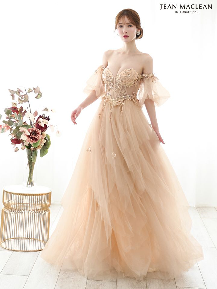 JEAN MACLEAN ジャンマクレーン ワンカラー/コルセット/ビジュー刺繍/チューリップスリーブ/姫/ロングドレス ja51884-c