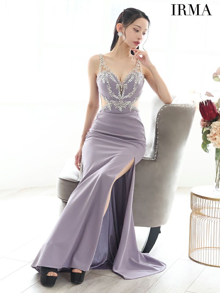 IRMA イルマ フロントジップ/ビジュー刺繍/スリット入り/タイト ロング