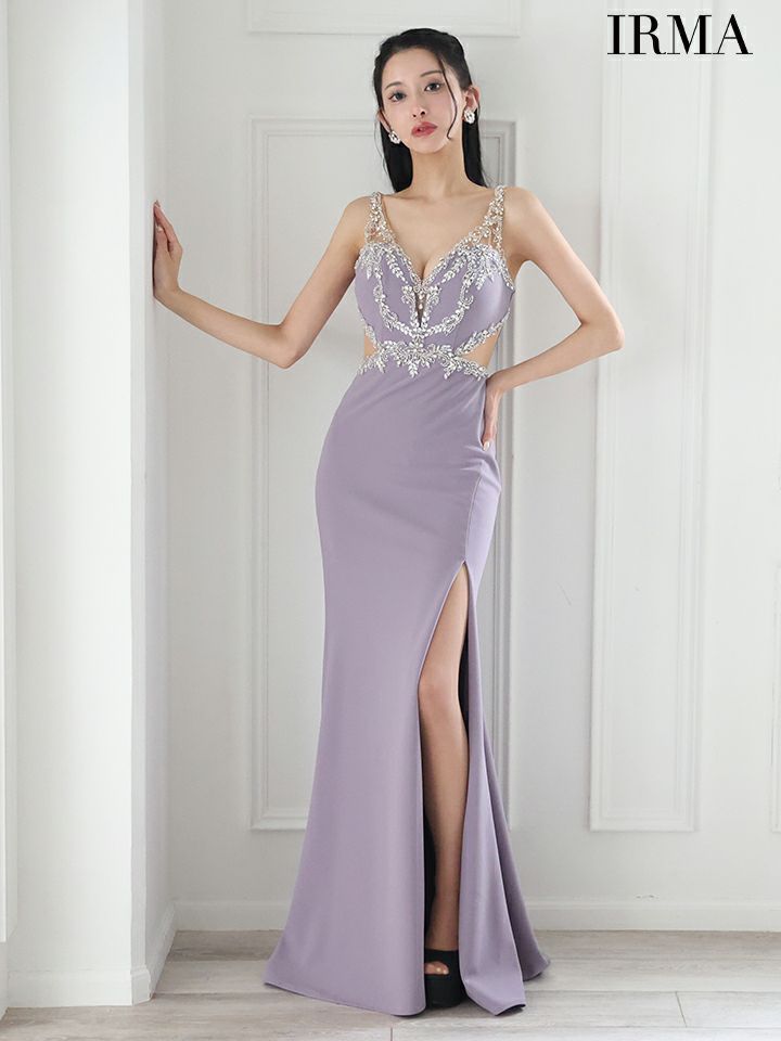 IRMA イルマ シルバークリスタルビジュー/カットアウト/スリット入り/タイト ロングドレス ir51875-c