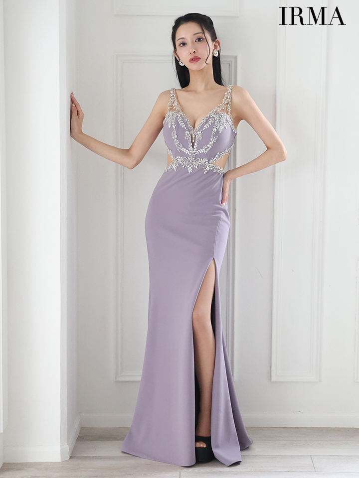 IRMA イルマ シルバークリスタルビジュー/カットアウト/スリット入り/タイト ロングドレス ir51875-c
