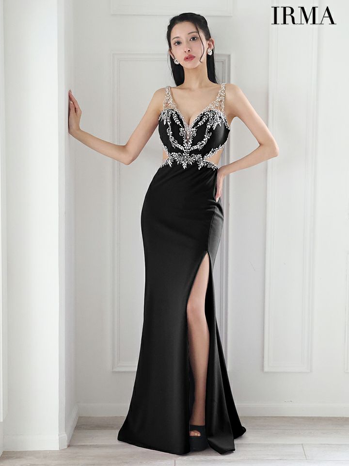 IRMA イルマ シルバークリスタルビジュー/カットアウト/スリット入り/タイト ロングドレス ir51875-c