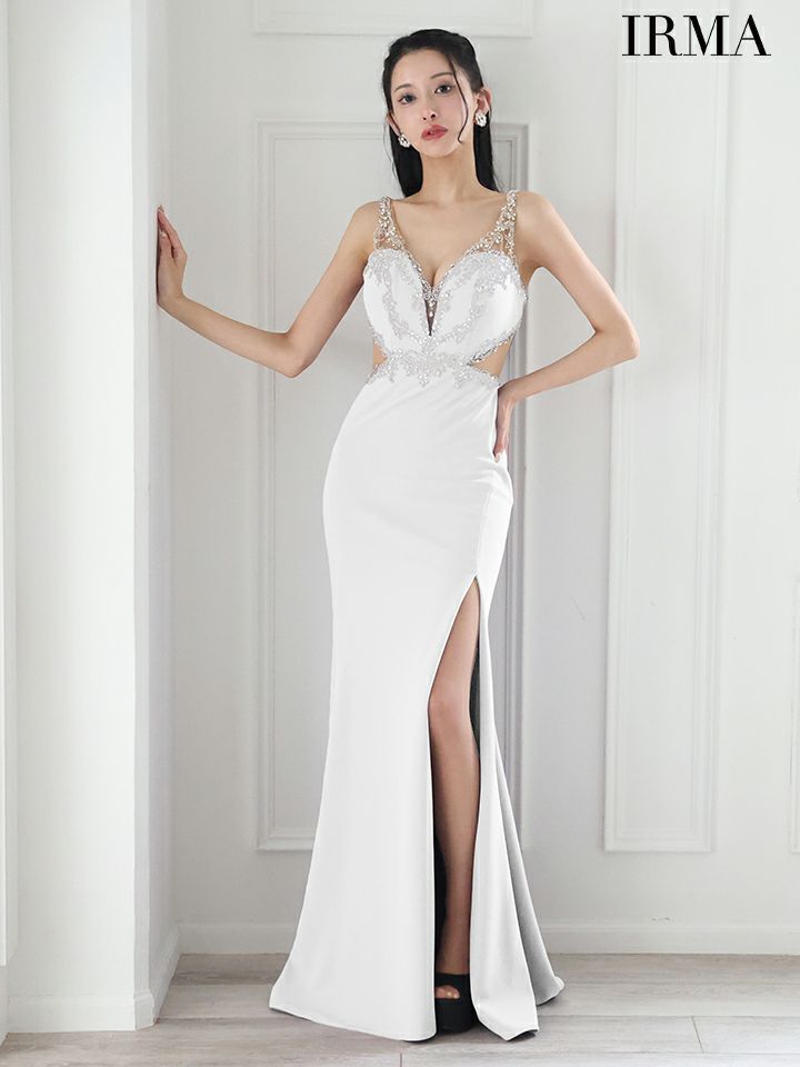 IRMA イルマ シルバークリスタルビジュー/カットアウト/スリット入り/タイト ロングドレス ir51875-c